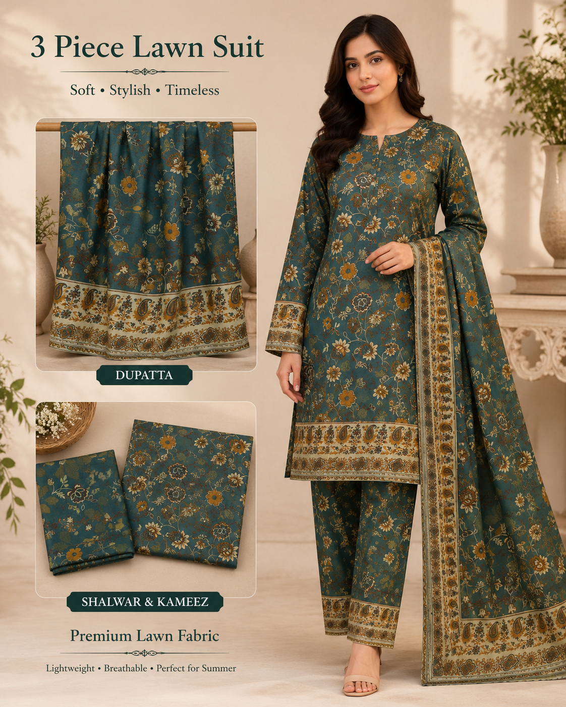 Unstitched Printed Lawn 3 Piece