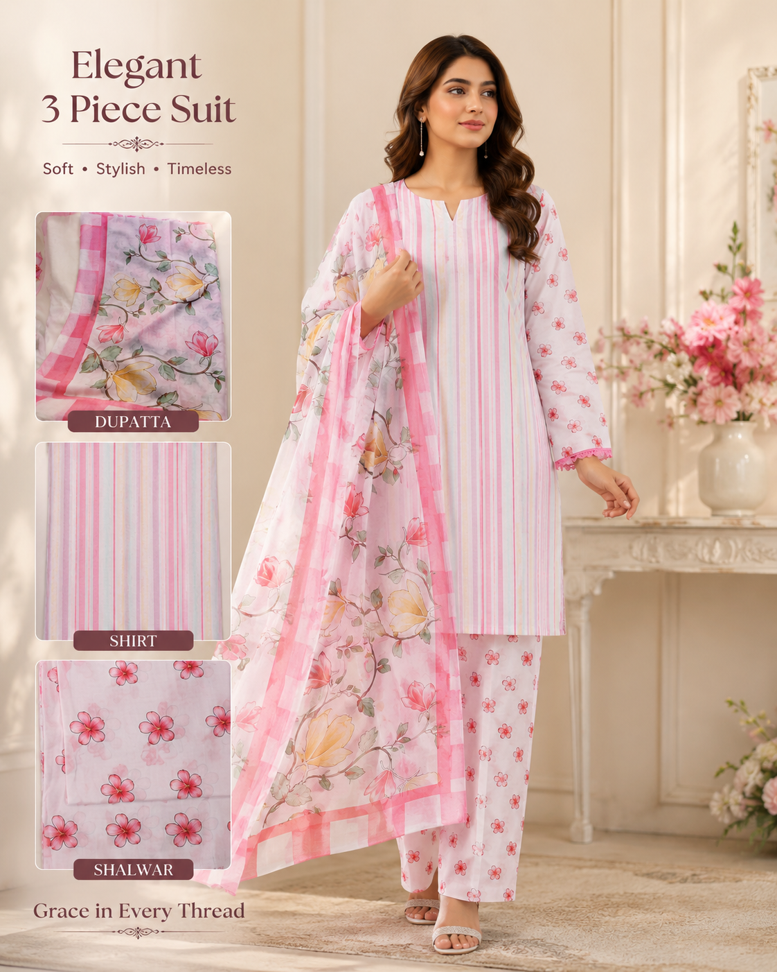 Unstitched Printed Lawn 3 Piece