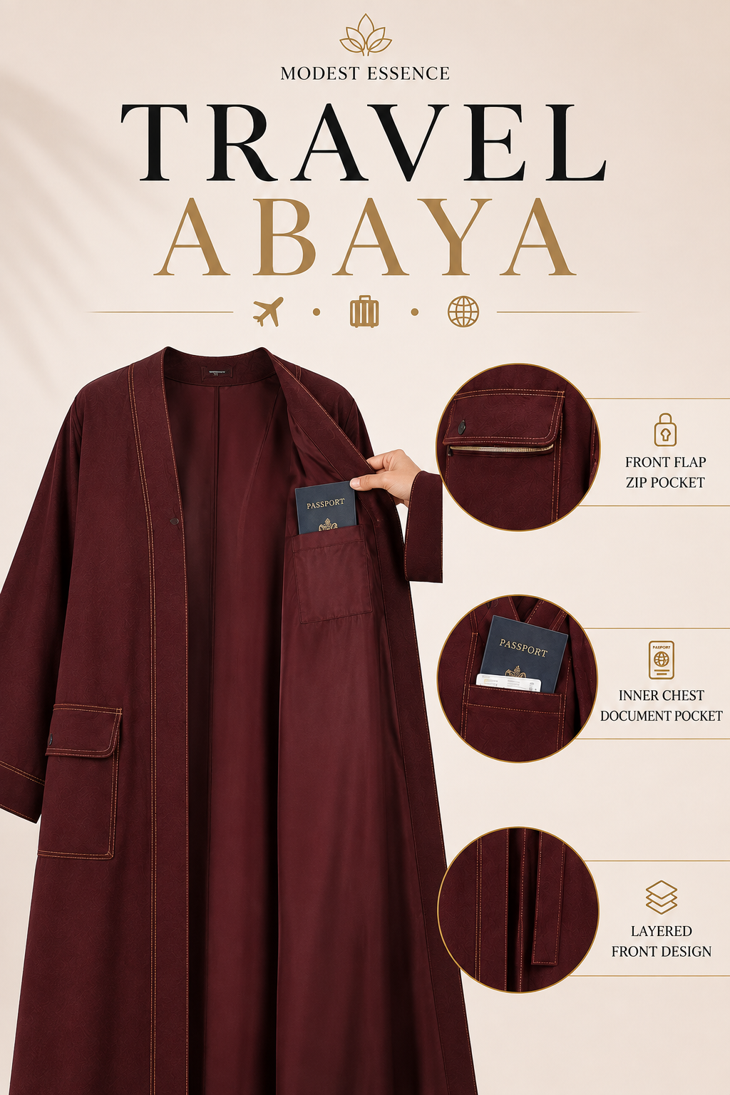 Premium Travel Abaya with Hidden Zip & Passport Pocket