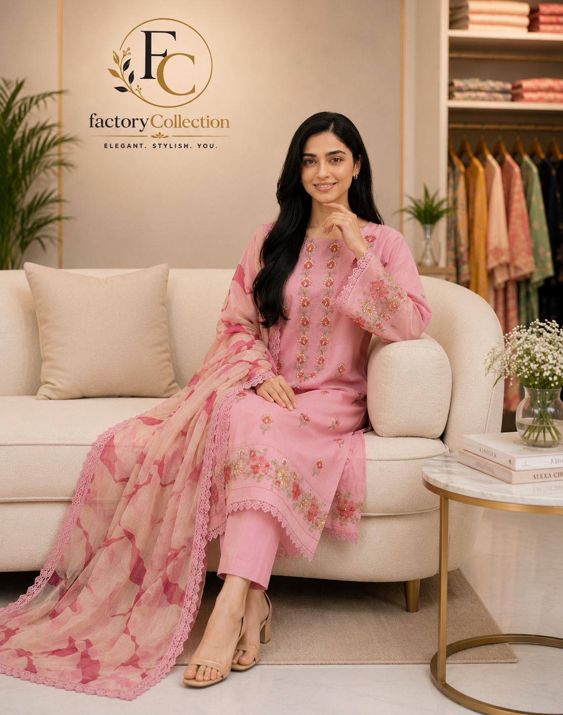 3 pc embroidered Lawn Suit with organza dupatta