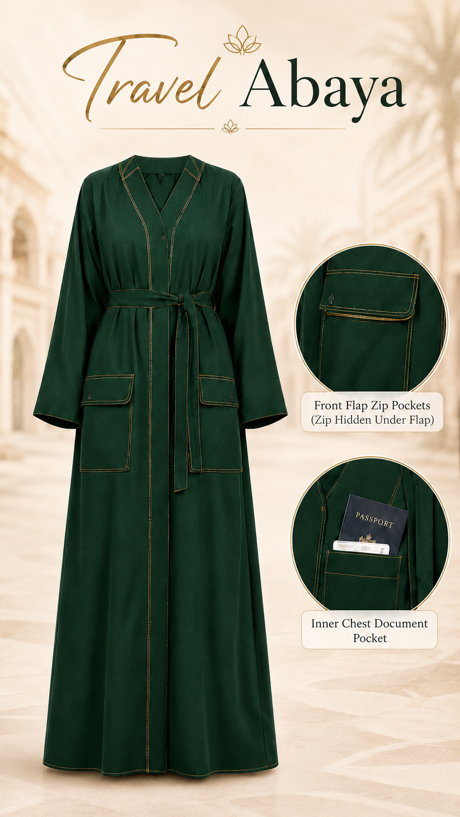Premium Travel Abaya with Hidden Zip & Passport Pocket