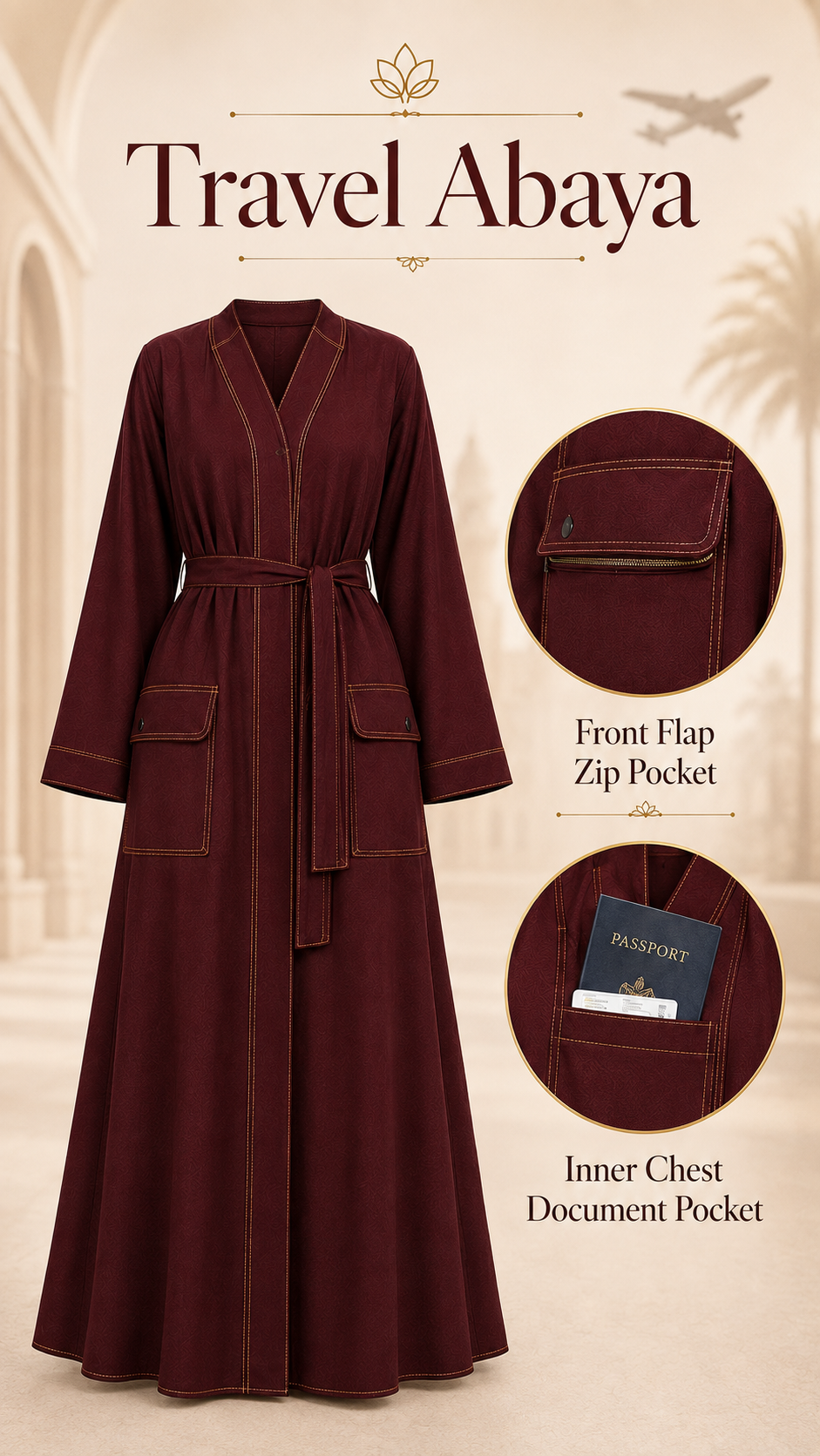 Premium Travel Abaya with Hidden Zip & Passport Pocket