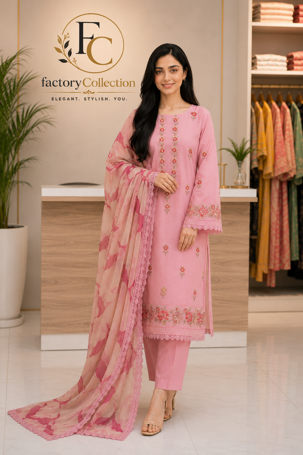 3 pc embroidered Lawn Suit with organza dupatta