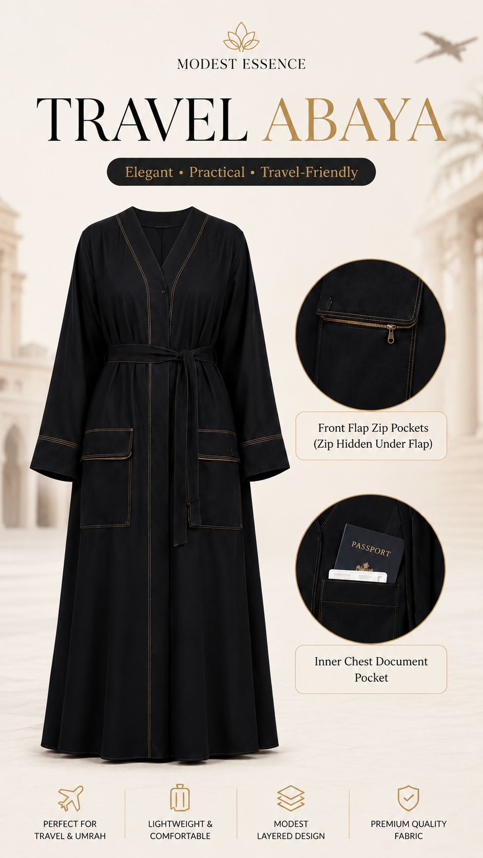 Premium Travel Abaya with Hidden Zip & Passport Pocket