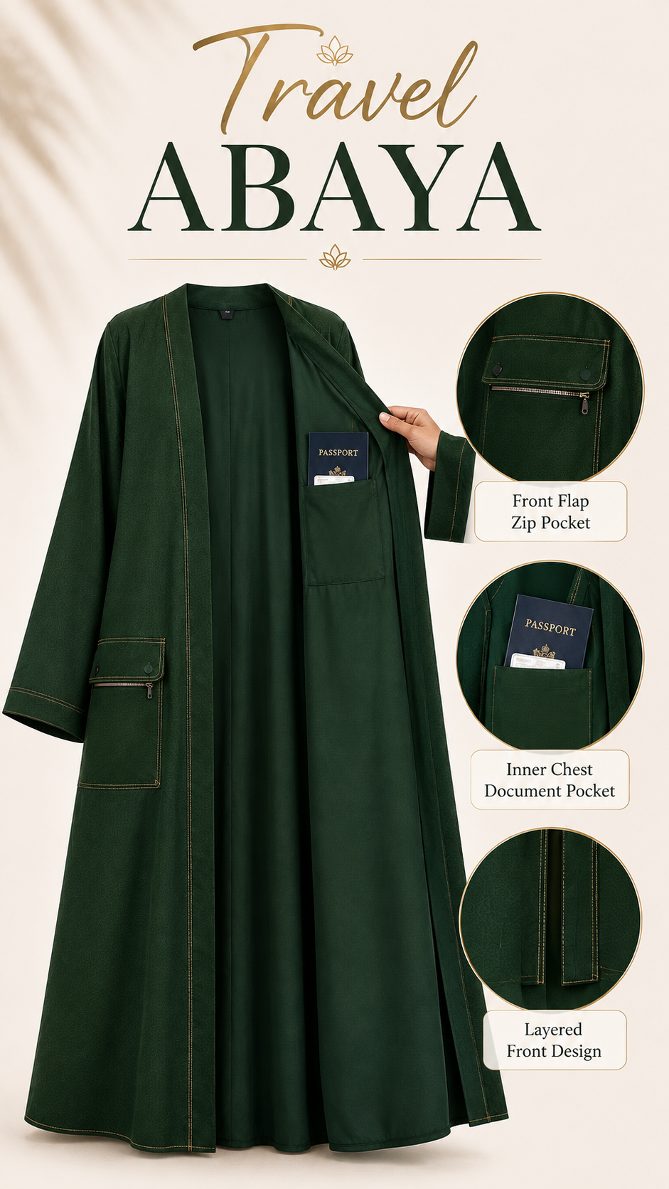 Premium Travel Abaya with Hidden Zip & Passport Pocket