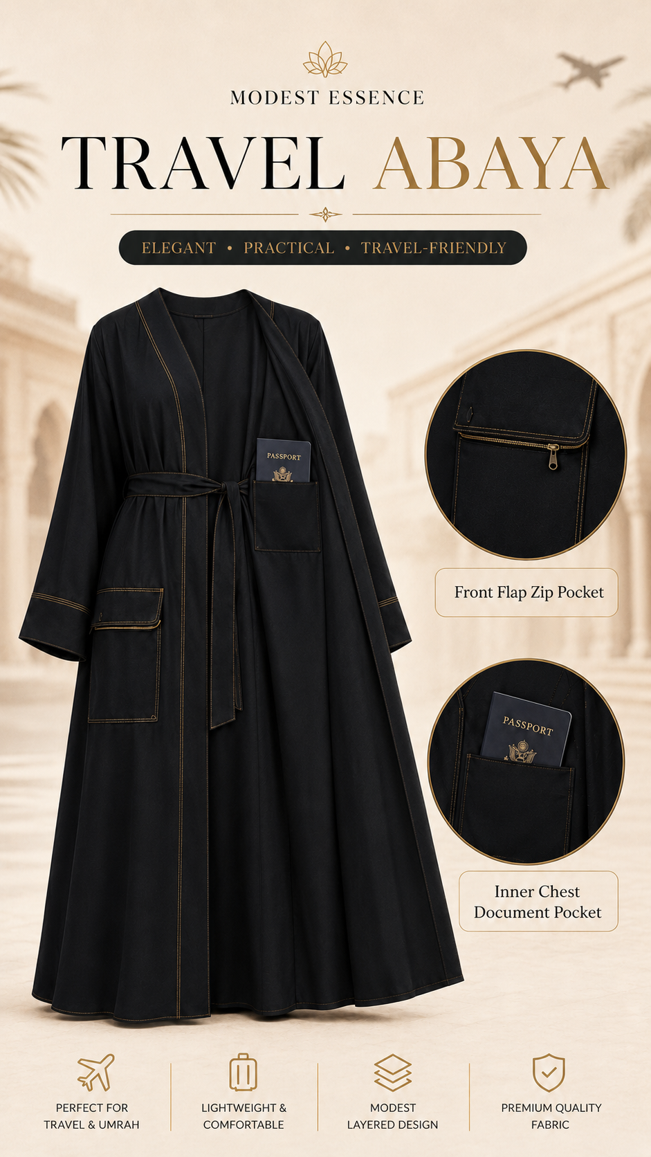 Premium Travel Abaya with Hidden Zip & Passport Pocket