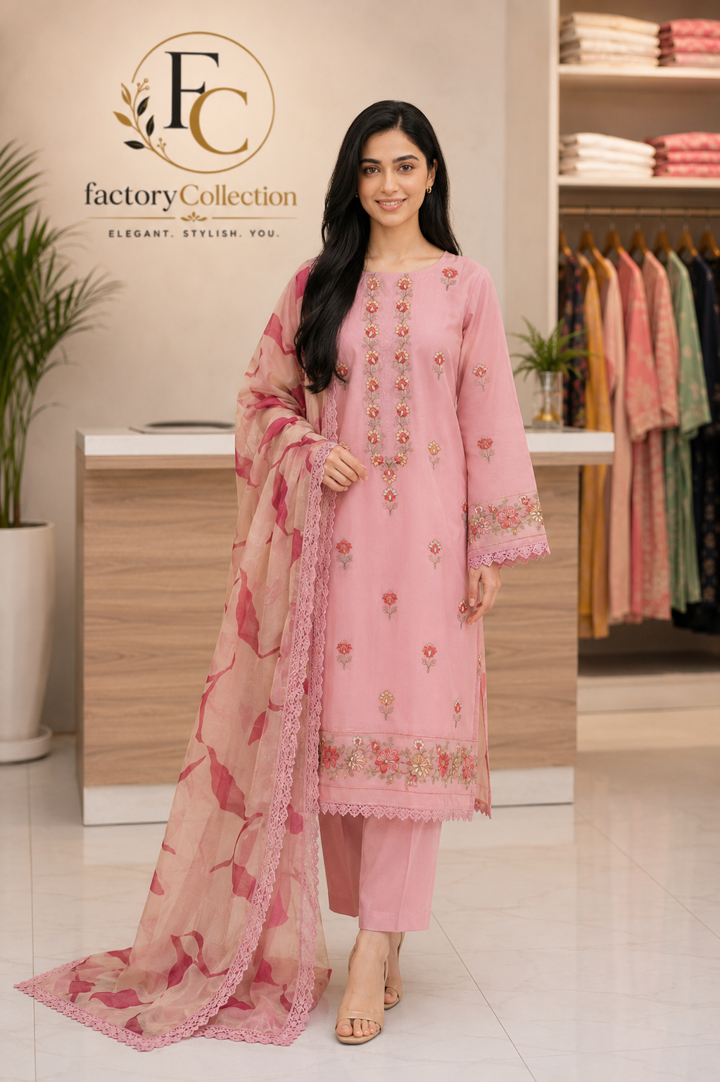3 pc embroidered Lawn Suit with organza dupatta